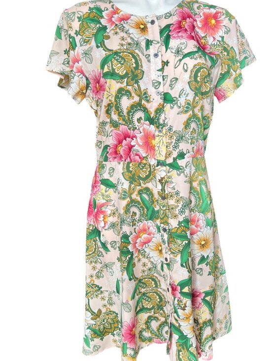 LOFT Dresses & Skirts - Loft Women's Size 8 Camelia Garden Floral Button-Up Dress 7.5" Ruffle Hem